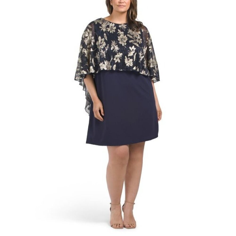 Marina Womens Navy Blue Gold Sheer Capelet Overlay Dress Plus Sz 2X New